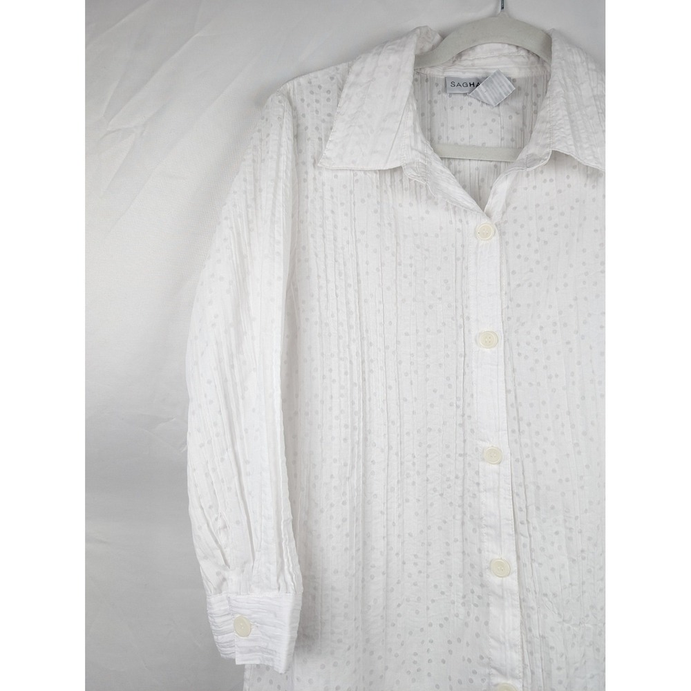 Polka Dot Textured Button Up Top Size M White Long Sleeve Coquette Coastal Gauze - Picture 9 of 10